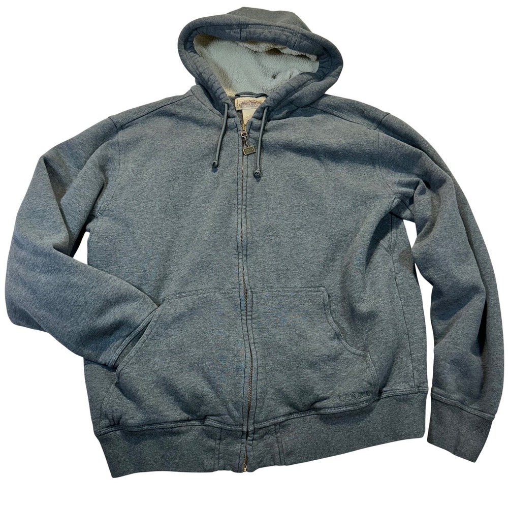 LL Bean Katahdin Iron Works Hoodie Mens Medium Gray Sherpa Lined Full Zip Rugged